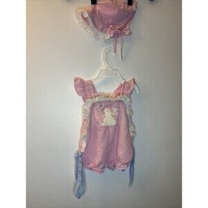 Vintage Pink Checked Sunsuit with Bunny Applique and Matching Sunbonnet 3-6M
